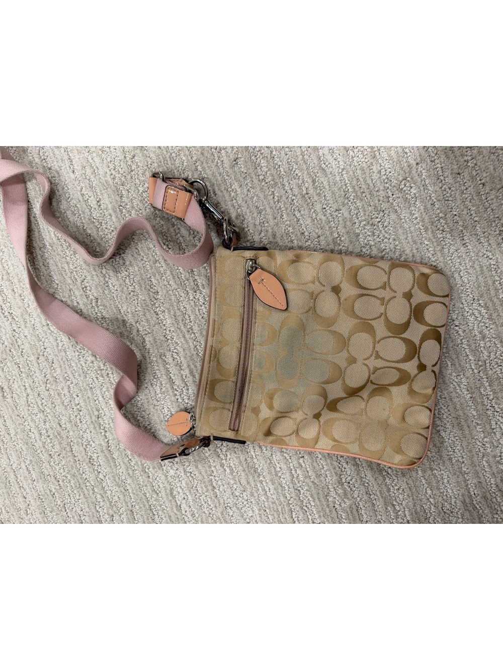 Coach beige signature crossbody bag with pink strap